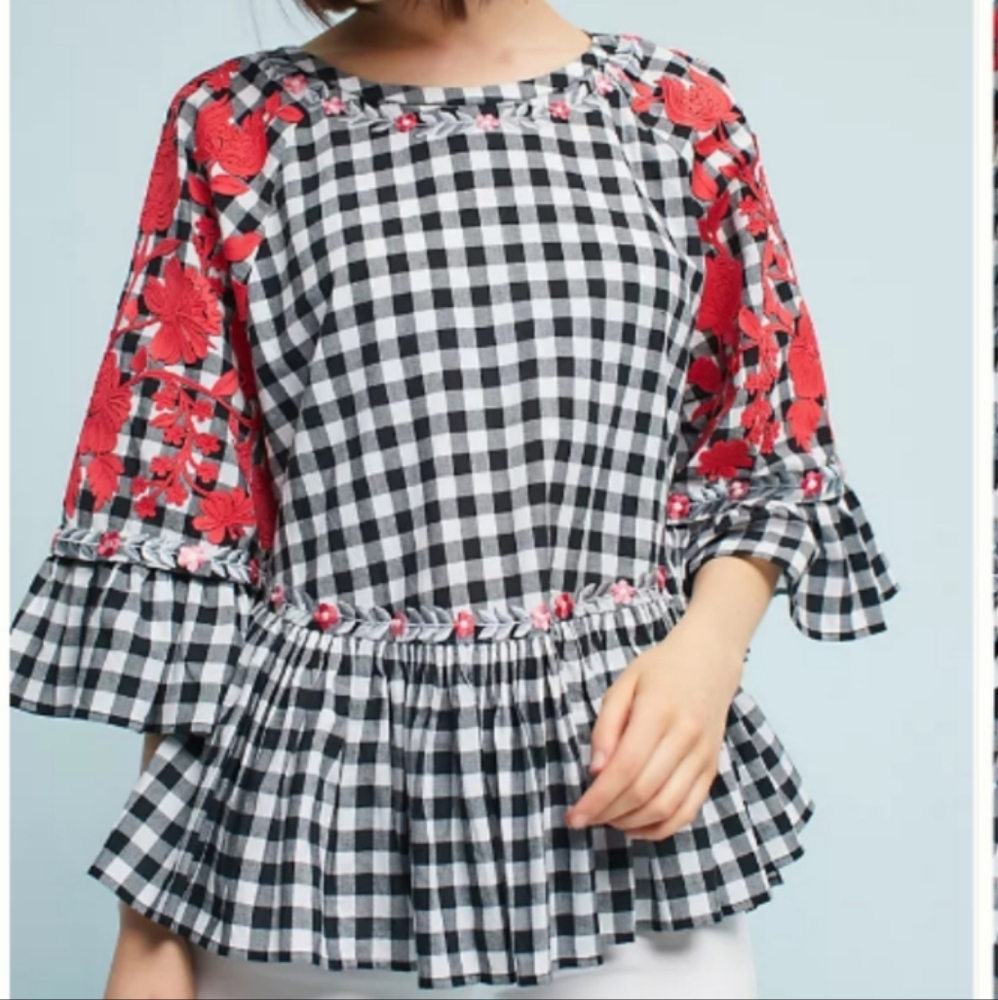 Anthropologie Pankaj & Nidhi gingham peplum swing top